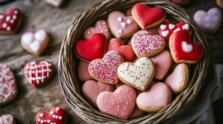 A delightful assortment of heart-shaped cookies in pastel and vivid shades fills a woven basket, creating a warm and inviting ambiance on a rustic wooden table.の素材
