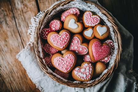 A charming basket filled with heart-shaped cookies in vibrant colors rests on a light wooden table. The cookies feature delightful patterns and sprinkles, creating a warm atmosphere.の素材