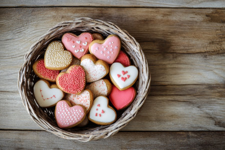 A basket brimming with heart-shaped cookies showcases vibrant red, pink, and white decorations, creating a charming, romantic ambiance on a rustic wooden table.の素材