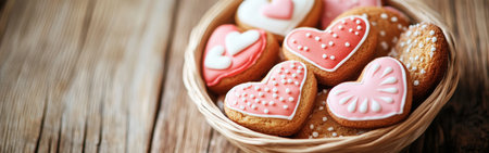 A beautifully arranged basket filled with heart-shaped cookies in vibrant colors rests on a light wooden table, exuding warmth and charm.の素材