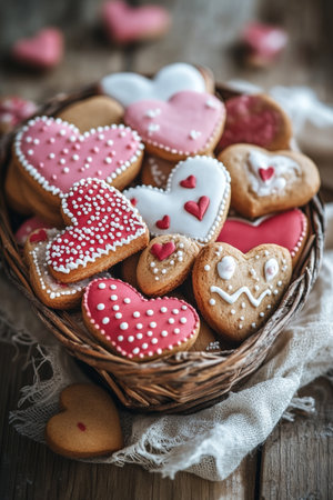 A delightful basket is filled with heart-shaped cookies in pastel shades, showcasing charming designs and various patterns, perfect for a sweet celebration.の素材