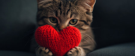 A serene cat holds a soft red knitted heart lovingly in its paws, showcasing its innocence against a dark gray background designed to convey warmth and coziness.の素材
