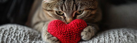 The calm cat cradles a knitted red heart in its paws, showing its innocent expression amidst a cozy dark gray background, radiating affection.の素材