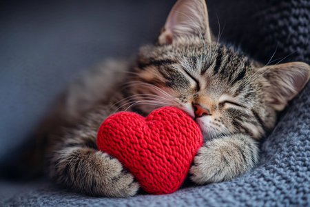 A serene cat gently holds a vibrant red knitted heart in its paws, creating a warm and inviting atmosphere perfect for expressing love on Valentines Day.の素材