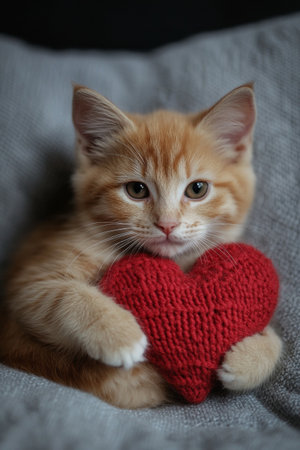 An adorable orange kitten gently holds a soft red knitted heart, showcasing its calming innocence against a muted gray backdrop, creating a warm, cozy ambiance.の素材