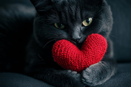 A serene cat gently holds a red knitted heart in its paws, displaying a calm demeanor. The background enhances the cozy atmosphere, perfect for celebrating love.の素材