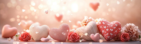 A collection of heart shapes in varying colors is displayed alongside delicate flowers and sparkling elements, creating a warm and inviting ambiance perfect for love-themed occasions.の素材