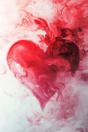 A striking red heart shape is formed from vibrant swirls of color, blending seamlessly with soft white tones for an artistic effect. The dynamic design evokes emotion and creativity.の素材