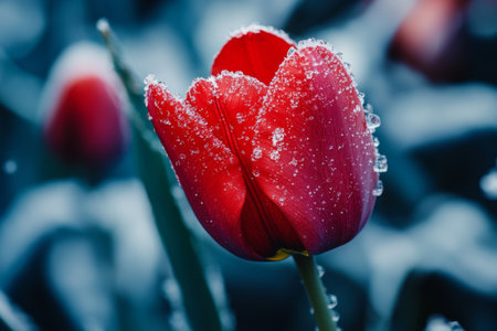 A vibrant red tulip stands out in a tranquil garden, adorned with droplets of dew that catch the light. The scene highlights the beauty of spring mornings.の素材