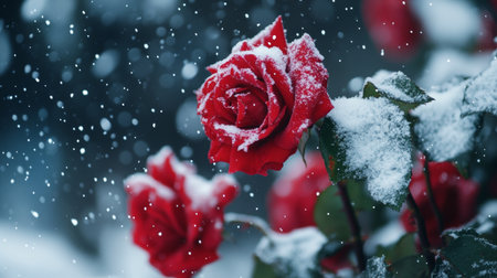 Bright red roses bloom amidst falling snowflakes, creating a striking contrast against their icy surroundings on a serene winter day.の素材