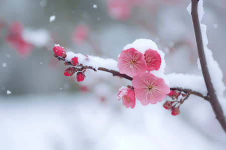 Delicate pink flowers rest under a blanket of snow on a branch, highlighting nature's beauty in winter. The scene captures a peaceful moment in a cold environment.の素材