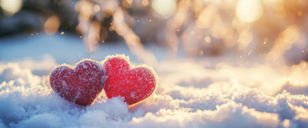 Two red heart shapes are nestled in soft snow, glistening in the warm light of the setting sun, symbolizing love in a winter wonderland.の素材