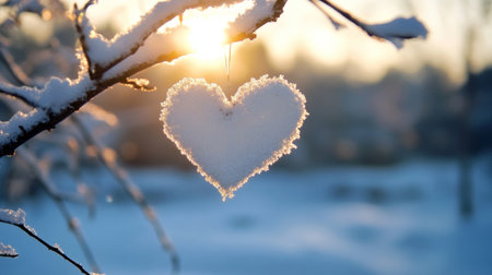 A delicate heart-shaped snow formation dangles from a tree branch as the sun sets, casting a warm glow over the snowy landscape, creating a serene winter ambiance.の素材