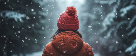 A woman gazes into a snowy forest, dressed warmly in a red coat and a knitted beanie, surrounded by falling snowflakes amid the peaceful winter landscape.の素材