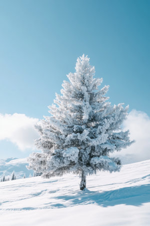 A majestic tree blanketed in fresh snow towers under a clear blue sky, creating a tranquil winter setting with gentle clouds in the distance.の素材