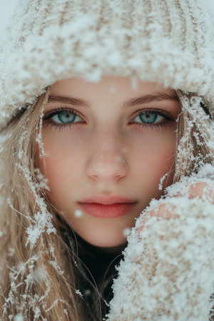 A young woman gazes directly at the camera, her blue eyes striking amidst a backdrop of falling snow. She wears a cozy hat and is partially covered in snow, embodying the essence of winter.の素材