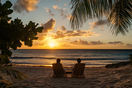 A couple relaxes on lounge chairs, watching the sun set over the ocean. The sky is filled with clouds as the golden light reflects on the water, creating a serene atmosphere.の素材