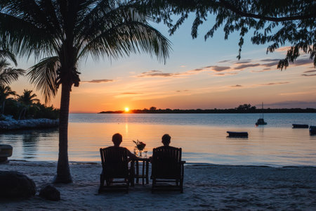 A serene moment unfolds as a couple relaxes in beach chairs, watching the sun dip below the horizon. The tranquil water reflects the warm colors of dusk.の素材