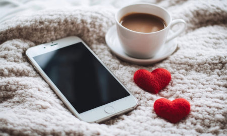 A smartphone rests on a soft knitted blanket next to a steaming cup of coffee, with two felt hearts positioned nearby, creating a cozy and inviting atmosphere.の素材