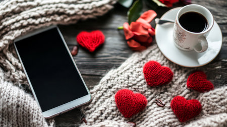 A warm knitted blanket features a smartphone beside a small coffee cup, accentuated by decorative red hearts and roses, creating a cozy atmosphere.の素材