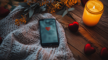A smartphone displaying a heart symbol rests on a soft blanket, surrounded by decorative heart shapes, a lit candle, and flowers, creating a warm, romantic atmosphere.の素材