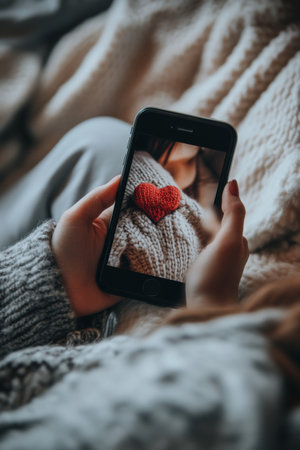 A person holds a smartphone displaying a heart-shaped craft against a cozy knitted sweater while lounging in a warm environment, evoking feelings of comfort and love.の素材