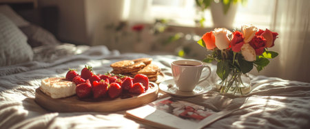 Morning light filters through the window as a wooden platter displays strawberries and pastries beside a cup of coffee and roses, creating a serene breakfast setting.の素材