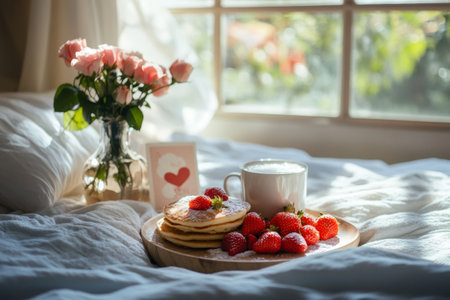 Enjoy a delightful breakfast in bed with fluffy pancakes topped with strawberries, a warm cup of coffee, and a bouquet of roses beside a sunny window.の素材