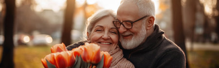 A joyful couple shares a warm embrace while holding a bouquet of tulips, surrounded by trees in a park on a sunny autumn afternoon.の素材