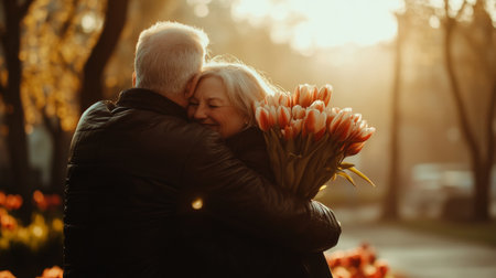 An elderly couple shares a tender hug, holding a bouquet of flowers, as the sun sets in a beautiful park filled with vibrant blooms and soft light.の素材
