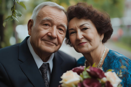 An elderly couple happily poses together outdoors, showing their warm smiles. The woman holds a beautiful bouquet, while they enjoy a sunny afternoon.の素材