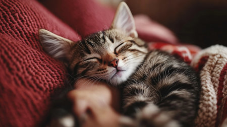 A playful tabby kitten sleeps soundly while nestled in a soft knitted blanket, enjoying a peaceful afternoon nap in a warm, inviting space.の素材