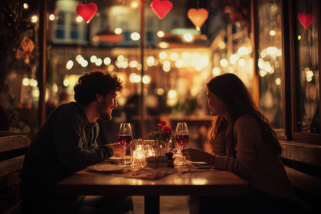 A couple shares a joyful and intimate dinner experience at a candlelit table, surrounded by warm lights and heart decorations in a romantic setting.の素材
