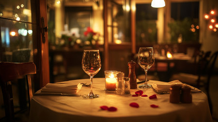 A beautifully arranged table for two is prepared with wine glasses, a flickering candle, and rose petals, creating a romantic atmosphere in a quaint restaurant.の素材