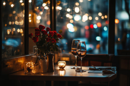A beautiful table for two is adorned with roses, elegant glasses filled with wine, and warm candlelight, creating an intimate atmosphere on a rainy evening.の素材