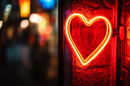 A bright, glowing red heart-shaped neon sign shines on a brick wall in a lively nighttime street. The warm light creates an inviting ambiance in the city.の素材