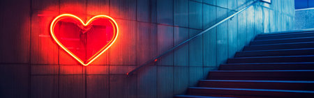 A vibrant neon heart adorns the wall beside a stairway, bathing the area in warm light. The contemporary design enhances the atmosphere in this urban location after dusk.の素材