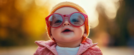 A cheerful baby with bright red sunglasses and an orange beanie smiles widely under warm sunlight, surrounded by beautiful autumn colors in the background.の素材