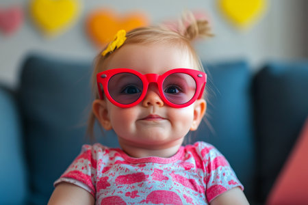 A joyful toddler sits comfortably on a couch, sporting cheerful red sunglasses and a pink shirt. The room features colorful heart decorations, enhancing the playful atmosphere.の素材