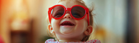 A cheerful baby smiles widely while wearing oversized red sunglasses. The warm colors and soft light create a joyful, uplifting atmosphere, highlighting the moment's happiness.の素材