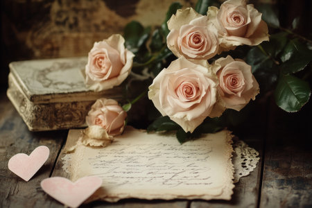 Soft pink roses are elegantly arranged next to a vintage box and a letter filled with heartfelt writing on a rustic wooden table, creating a warm, romantic atmosphere.の素材