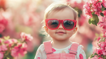 A cheerful toddler in pink overalls and sunglasses smiles brightly. The child is framed by vibrant pink blossoms, capturing the joy of spring.の素材