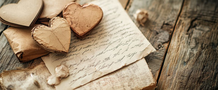 Handcrafted hearts in various sizes rest alongside vintage letters on a weathered wooden surface, creating a warm, nostalgic atmosphere that speaks of love and affection.の素材
