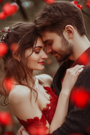 A young couple shares an intimate moment, surrounded by a whimsical backdrop of soft red hearts. The atmosphere radiates romance and affection, capturing their joyful connection.の素材