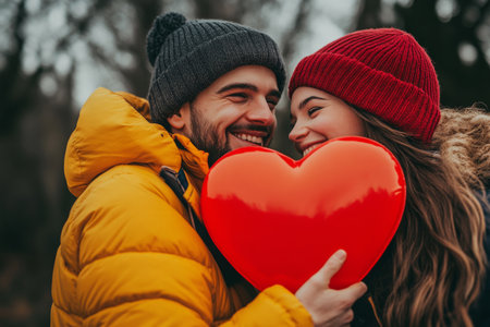 This cheerful couple, dressed warmly in winter attire, joyfully holds a large red heart while enjoying each other's company in a beautiful outdoor setting.の素材