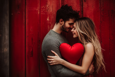 A couple looks blissfully happy as they embrace, with a bright red heart held between them. The rustic red wall in the background enhances the warmth of the moment.の素材