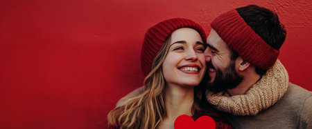 A couple shares a warm smile, wearing cozy red hats and scarves, embracing each other in a playful manner against a rich red backdrop, radiating happiness.の素材