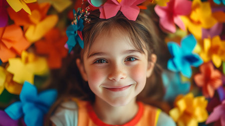 A cheerful girl lies on a colorful arrangement of paper flowers, her smile radiating joy and innocence, set against a backdrop of lively colors.の素材