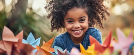 A smiling young girl with curly hair plays among vibrant paper butterflies in an outdoor area filled with autumn colors, radiating happiness and creativity.の素材