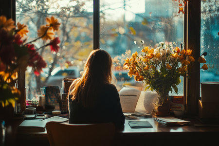 The warm light fills a cozy cafe as a woman sits by the window, surrounded by vibrant flowers. She is focused on reading papers while savoring a tranquil morning.の素材